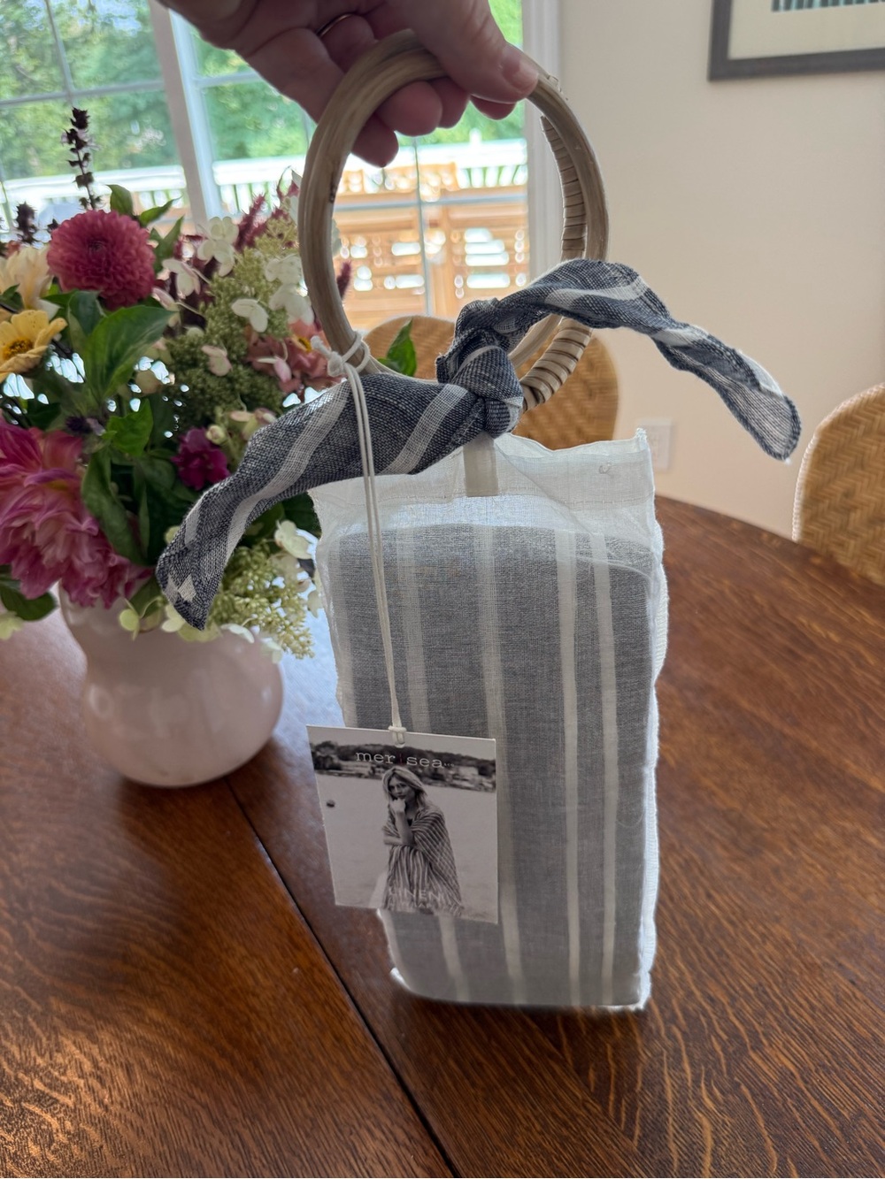 Striped Linen wrap chambray grey and white
